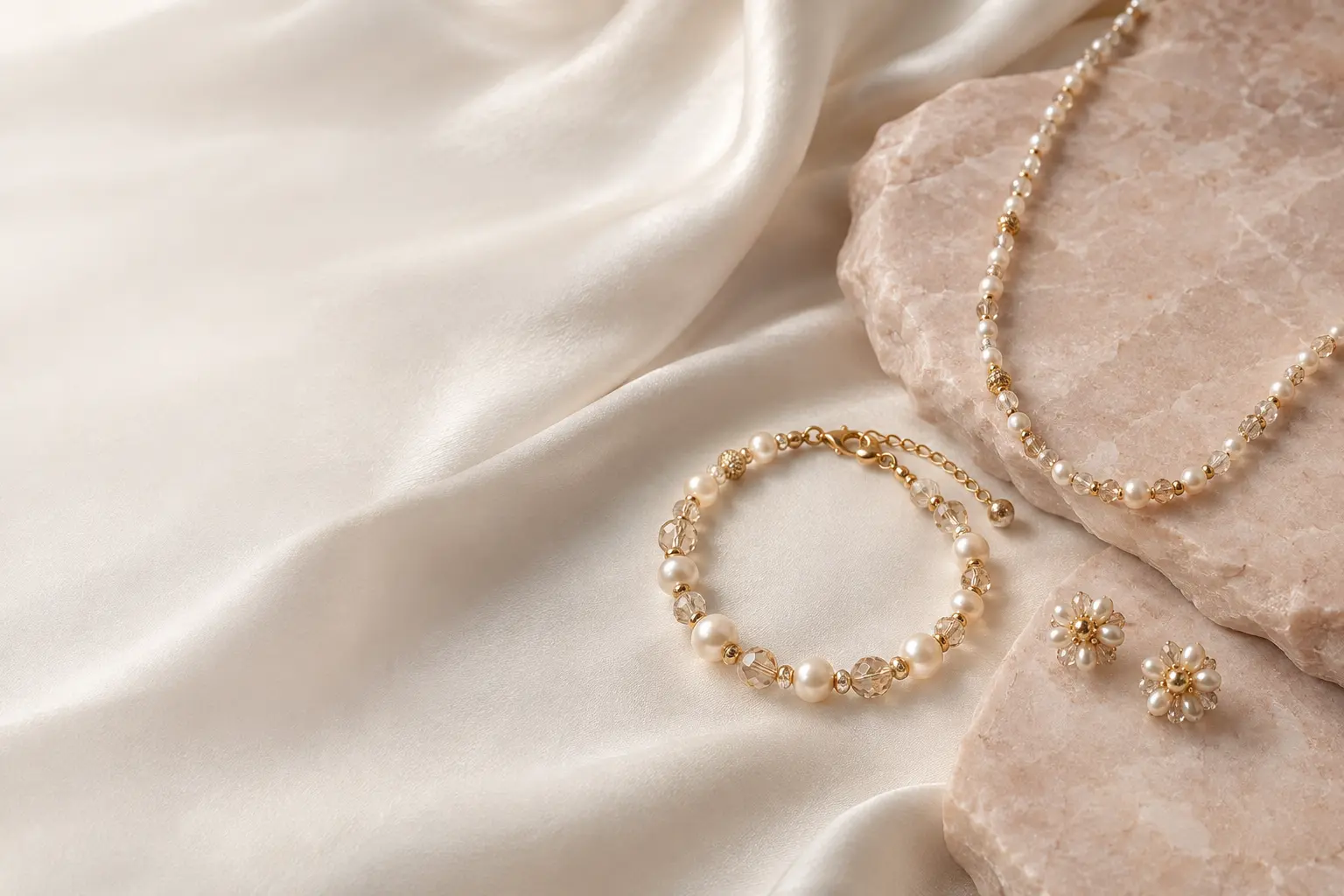 Pearl and champagne-gold handmade beaded jewellery arranged on ivory silk